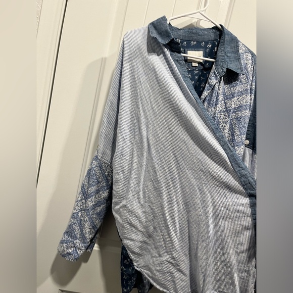 American Eagle Oversized Linen Chambray Patchwork Button Down Shirt Size M - Picture 7 of 8